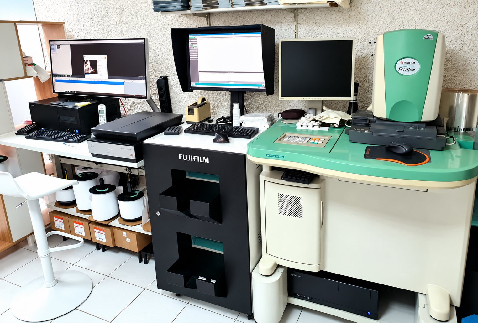 Poste de travail d'un laboratoire photo avec une machine Fujifilm Frontier verte, une armoire noire Fujifilm, des écrans d'ordinateur et un scanner.